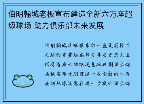伯明翰城老板宣布建造全新六万座超级球场 助力俱乐部未来发展 伯明翰城老板宣布建造全新六万座超级球场 助力俱乐部未来发展